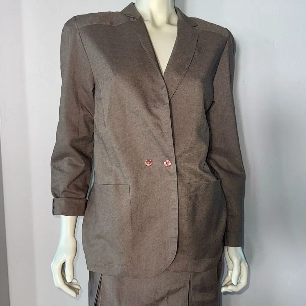 Vintage 80’s Brown Beige Linen Blend Oversized Bold Shoulder Double Breasted Wom